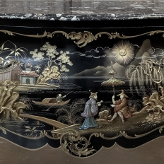 Antique French Chinoiserie Black Lacquer Bombe Commode