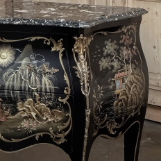 Antique French Chinoiserie Black Lacquer Bombe Commode