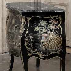 Antique French Chinoiserie Black Lacquer Bombe Commode