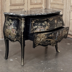 Antique French Chinoiserie Black Lacquer Bombe Commode