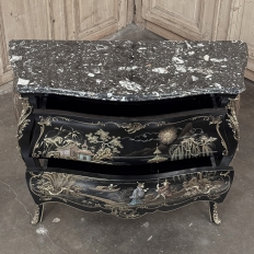 Antique French Chinoiserie Black Lacquer Bombe Commode