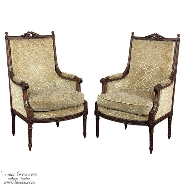 Pair of 19th Century French Louis XVI Walnut Armchairs ~ Bergeres