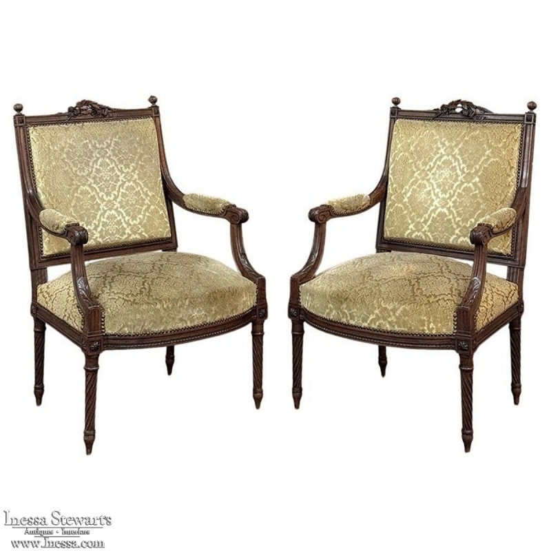 Pair of 19th Century French Louis XVI Walnut Armchairs ~ Fauteuils