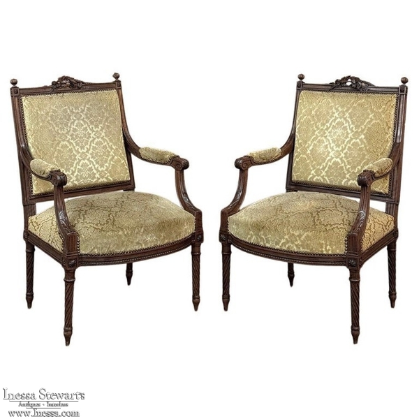 Pair of 19th Century French Louis XVI Walnut Armchairs ~ Fauteuils