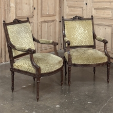 Pair of 19th Century French Louis XVI Walnut Armchairs ~ Fauteuils