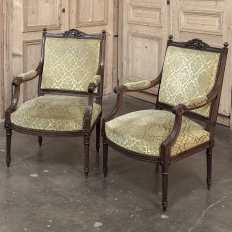 Pair of 19th Century French Louis XVI Walnut Armchairs ~ Fauteuils