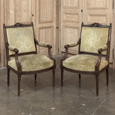 Pair of 19th Century French Louis XVI Walnut Armchairs ~ Fauteuils