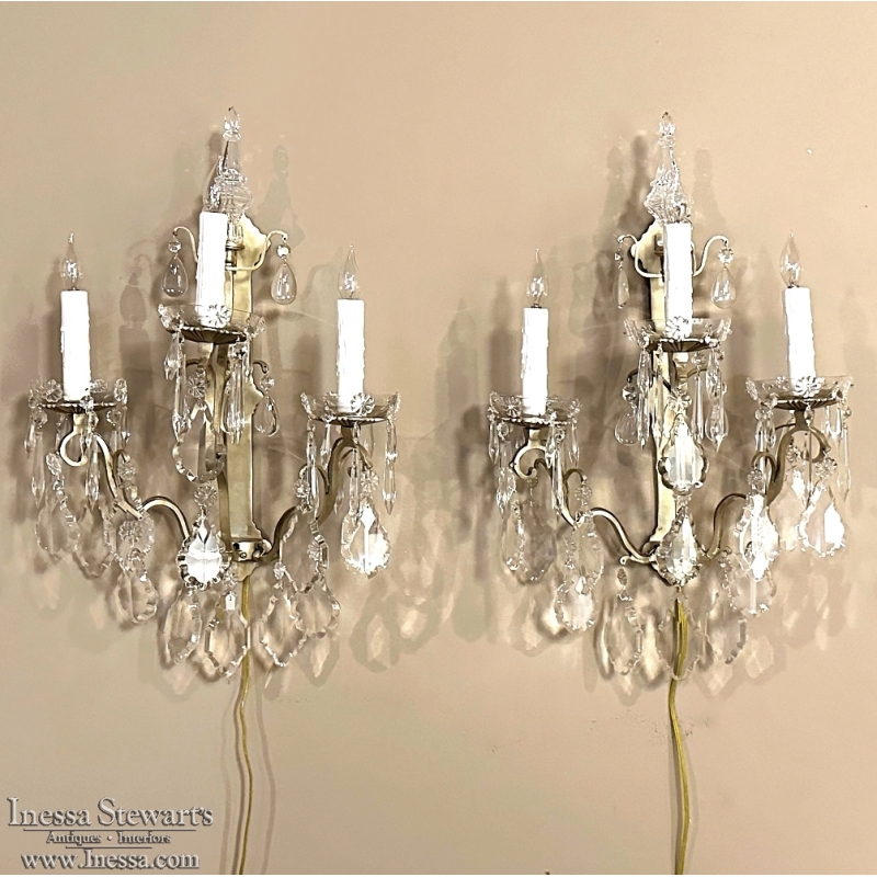 Pair of Timeless Solid Brass & Cut Crystal Wall Sconces