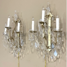 Pair of Vintage Solid Brass and Cut Crystal Wall Sconces