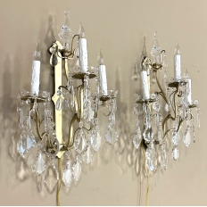 Pair of Vintage Solid Brass and Cut Crystal Wall Sconces