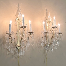 Pair of Vintage Solid Brass and Cut Crystal Wall Sconces