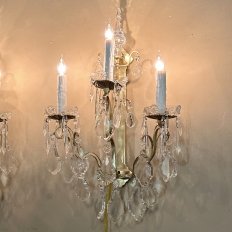 Pair of Vintage Solid Brass and Cut Crystal Wall Sconces