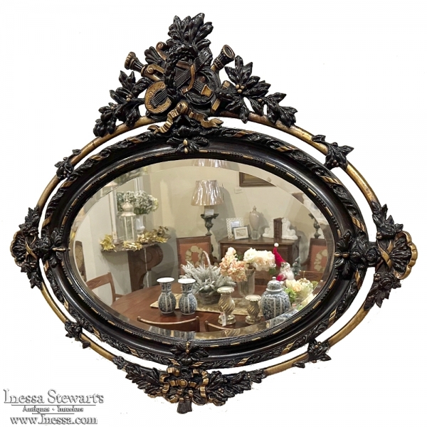 Antique French 19th Century Louis XVI Black and Gold Oval Mirror