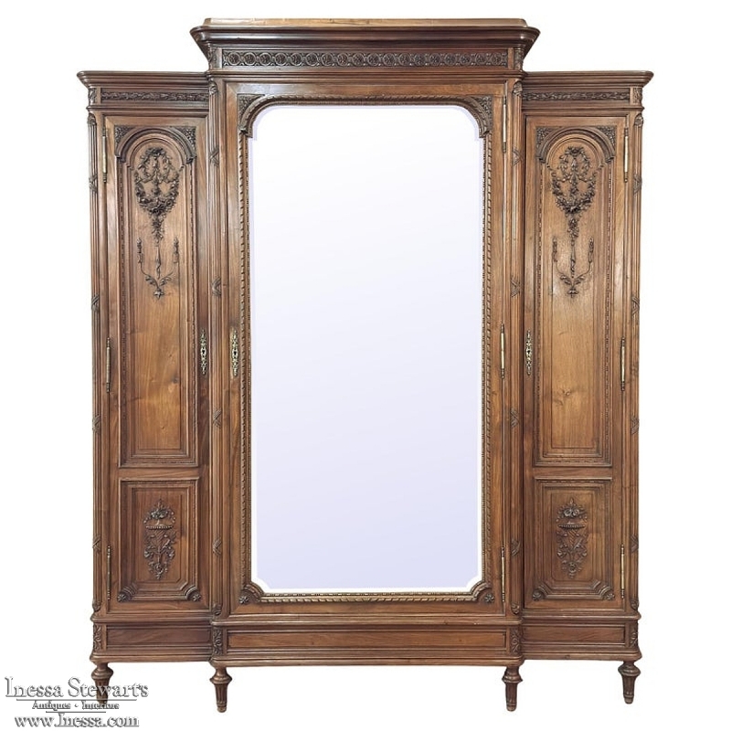 19th Century French Louis XVI Walnut Triple Armoire