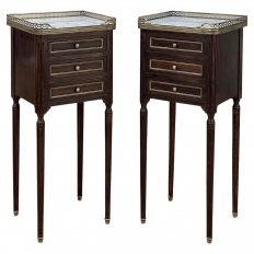 Pair Mid-Century Louis XVI Mahogany End Tables with Carrara Marble