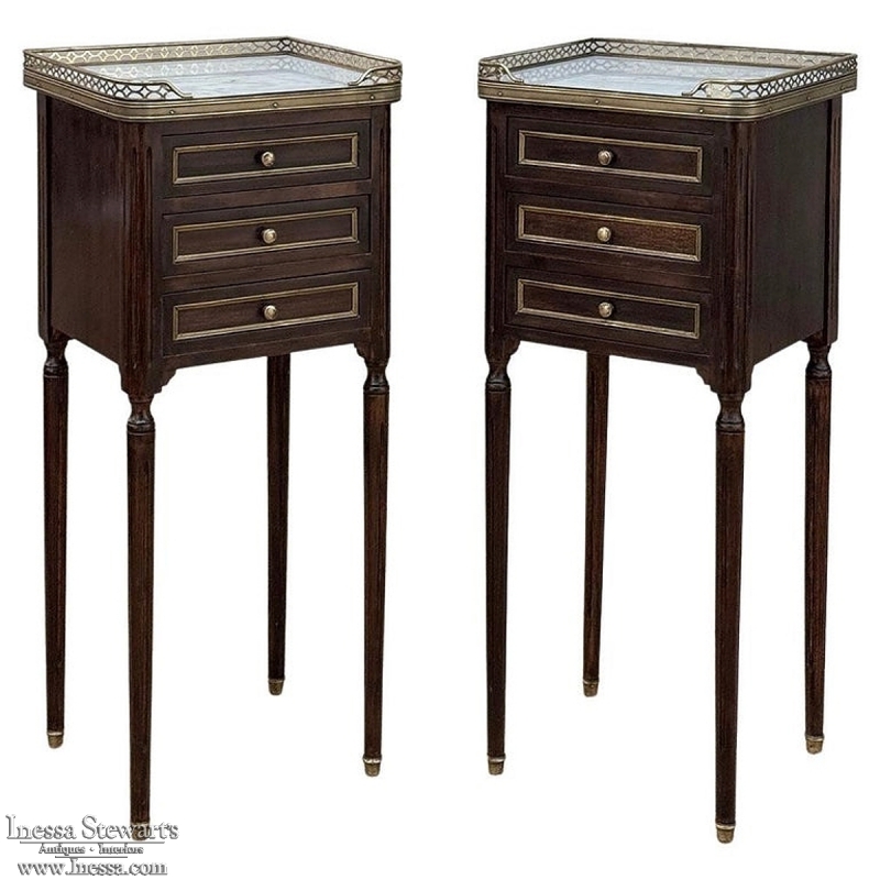 Pair Mid-Century Louis XVI Mahogany End Tables with Carrara Marble