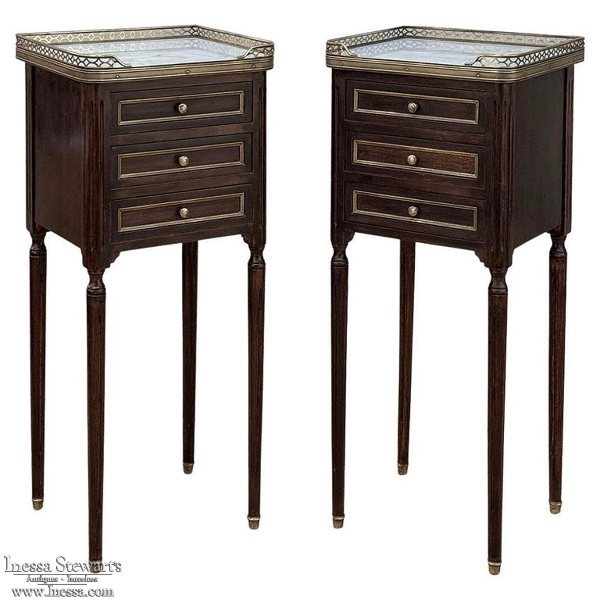 Pair Mid-Century Louis XVI Mahogany End Tables with Carrara Marble