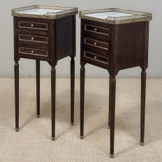 Pair Mid-Century Louis XVI Mahogany End Tables with Carrara Marble
