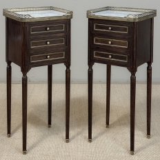 Pair Mid-Century Louis XVI Mahogany End Tables with Carrara Marble