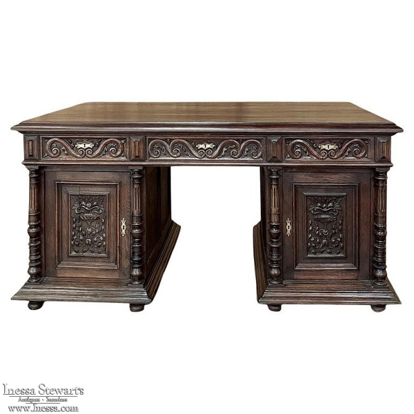 Antique French Neoclassical Henri II Oak Partner's Desk