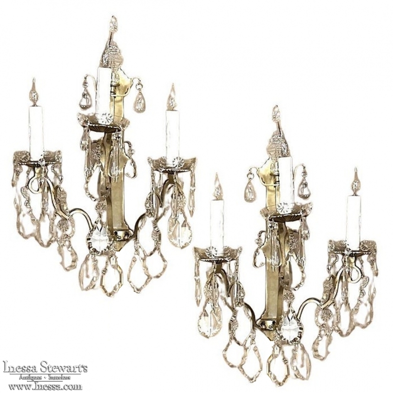 Pair of Timeless Solid Brass & Cut Crystal Wall Sconces