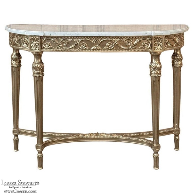 Antique French Louis XVI Giltwood Demilune Console with Carrara Marble