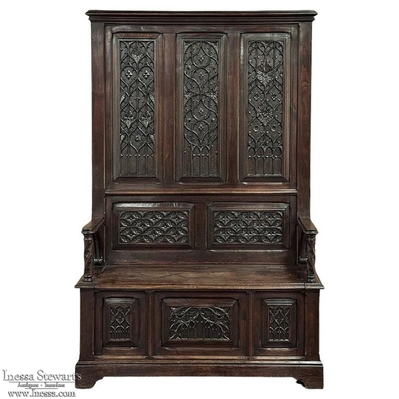 19th Century French Gothic Hall Bench with Trunk