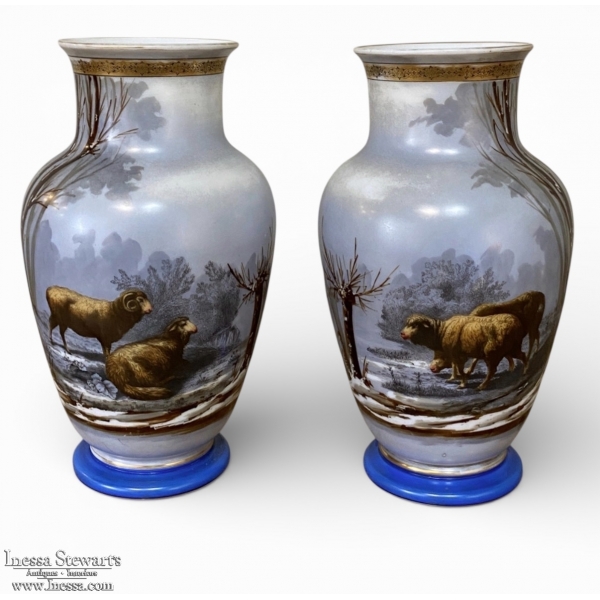 Pair of 19th C. French Hand-Painted Limoges-Style Vases with Sheep Scenes