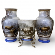 Pair of 19th C. French Hand-Painted Limoges-Style Vases with Sheep Scenes