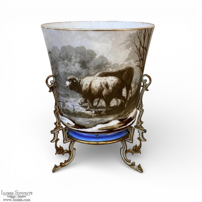 19th Century French Limoges-Style Hand Painted Porcelain Jardinière with Enameled Mounts
