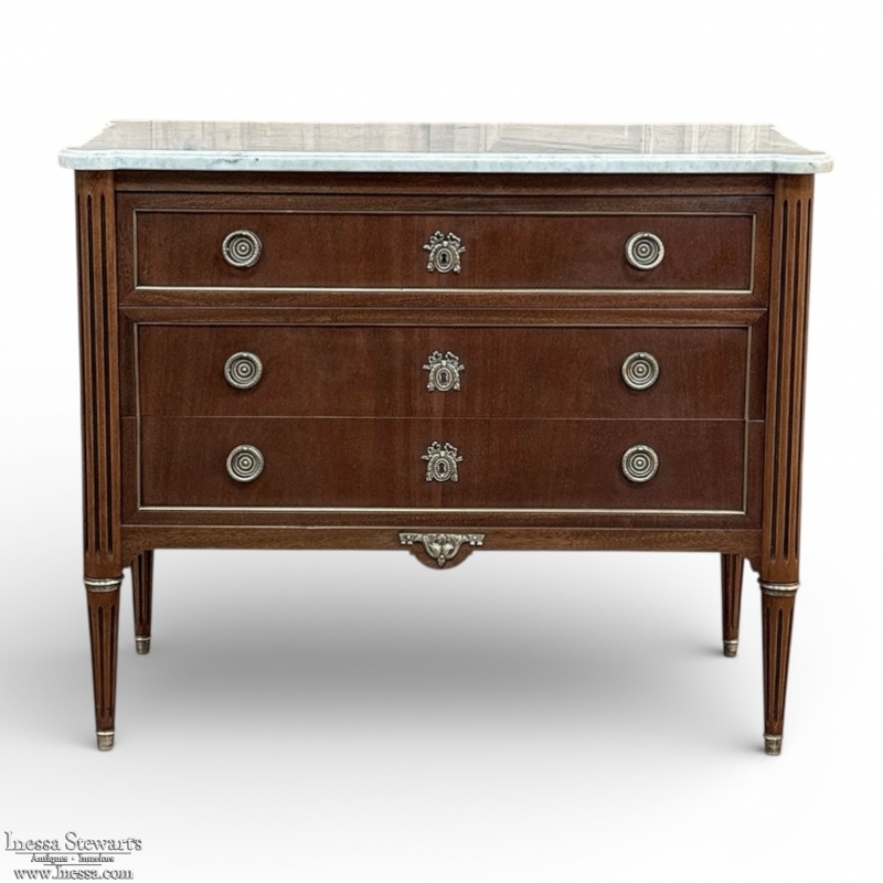 Antique French Louis XVI Mahogany Carrara Marble Top Commode