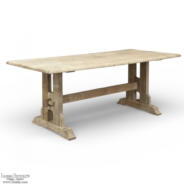 Vintage Rustic European Stripped Oak Trestle Dining Table