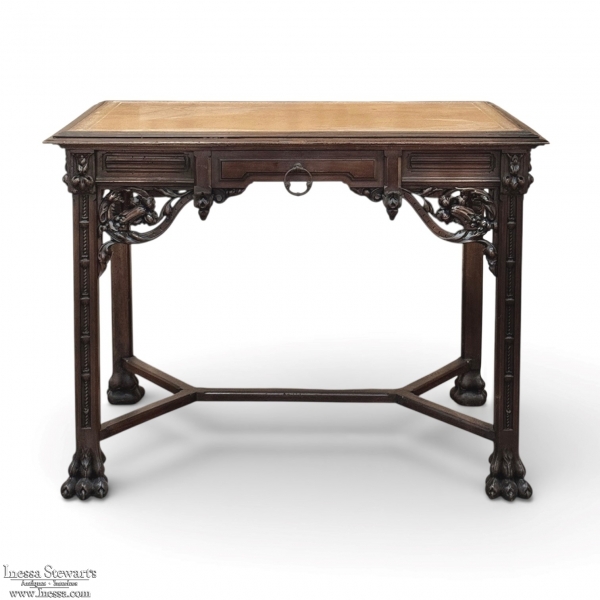 19th Century French Gothic Walnut Writing Desk with Leather Top