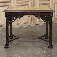 19th Century French Gothic Walnut Writing Desk with Leather Top