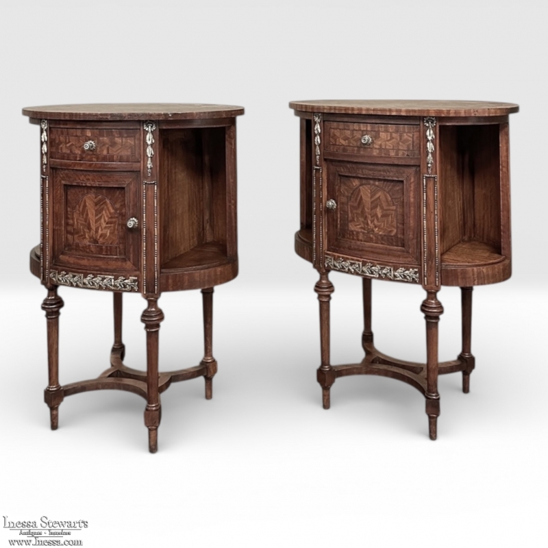 Pair Antique French Louis XVI Oval Marquetry Nightstands