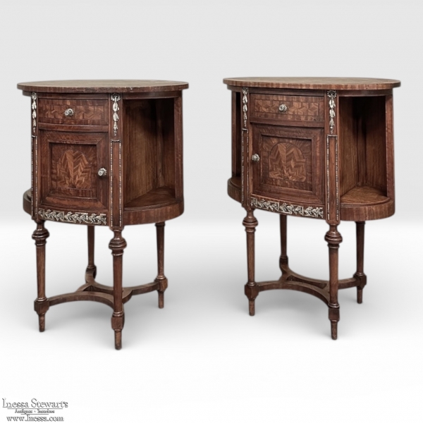 Pair Antique French Louis XVI Oval Marquetry Nightstands ~ End Tables