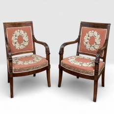 PAIR 19th Century French Mahogany Empire Armchairs with Needlepoint Tapestry