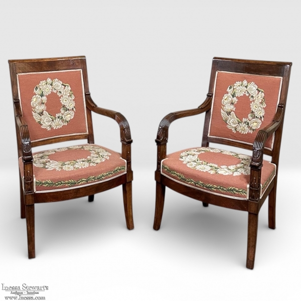 PAIR 19th Century French Mahogany Empire Armchairs with Needlepoint Tapestry