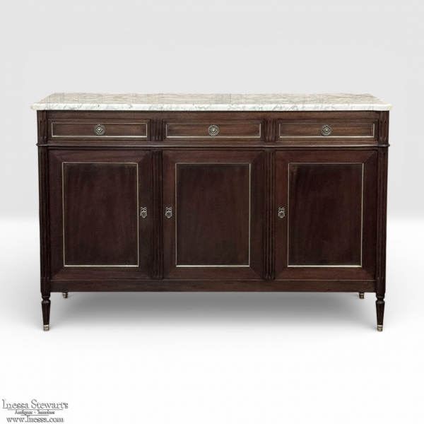 French Louis XVI Carrara Marble Top Mahogany Buffet in the Maison Jansen Style, Mid-Century
