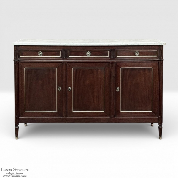 French Louis XVI Carrara Marble Top Mahogany Buffet in the Maison Jansen Style, Mid-Century