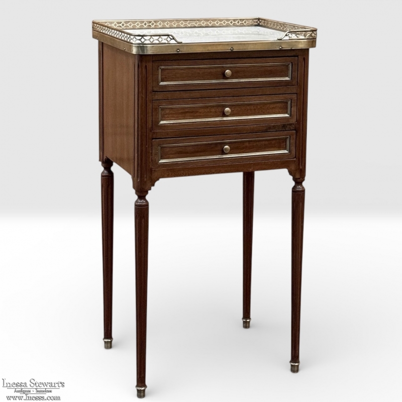 Antique French Louis XVI Mahogany Bedside Table with Carrara Marble and Brass Gallery