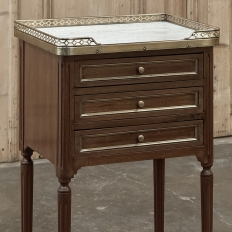 Antique French Louis XVI Mahogany Bedside Table with Carrara Marble and Brass Gallery