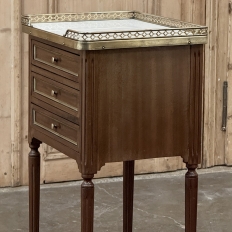 Antique French Louis XVI Mahogany Bedside Table with Carrara Marble and Brass Gallery
