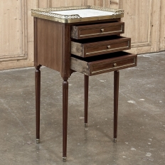 Antique French Louis XVI Mahogany Bedside Table with Carrara Marble and Brass Gallery
