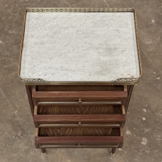 Antique French Louis XVI Mahogany Bedside Table with Carrara Marble and Brass Gallery