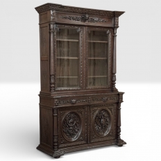 19th Century French Hand-Carved Oak Hunt-Style Bookcase ~ Bibliotheque