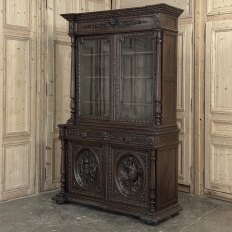 19th Century French Hand-Carved Oak Hunt-Style Bookcase ~ Bibliotheque