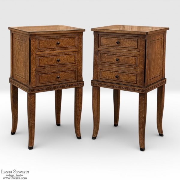 Pair of Biedermeier Style Nightstands in Burl Walnut with Ebonized Accents