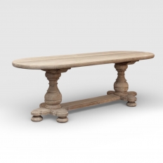 French Mid-Century Oval Trestle Table ~ Stripped Solid Oak