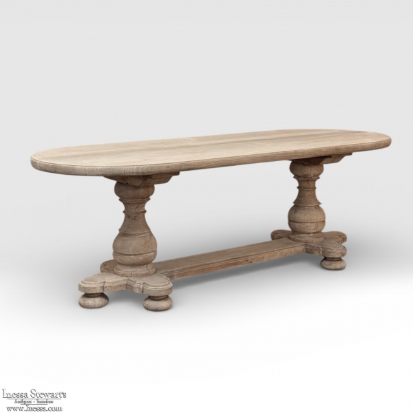 French Mid-Century Oval Trestle Table ~ Stripped Solid Oak